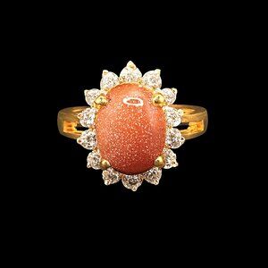 Vintage Copper Goldstone Ring W/ Swarovski Crystals 18K Gold Electroplate Signed